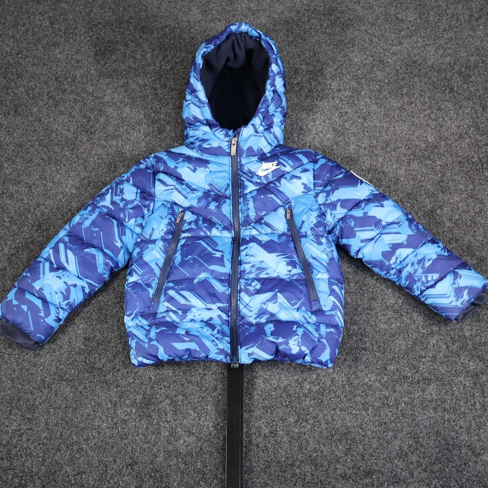 Nike Kids Blue Abstract Camo Hooded Puffer Jacket Full Zip Insulated Coat Small